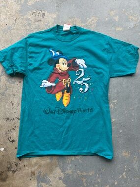 Vintage 90s Mickey Mouse 25 Year Anniversary Disney World Teal Shirt L